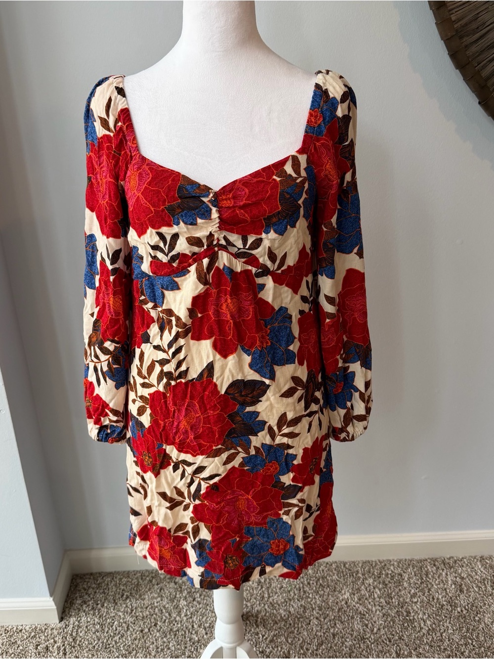 Maurices XS Floral Boho Mini Dress Long Sleeve Sweetheart Smocked Cottagecore